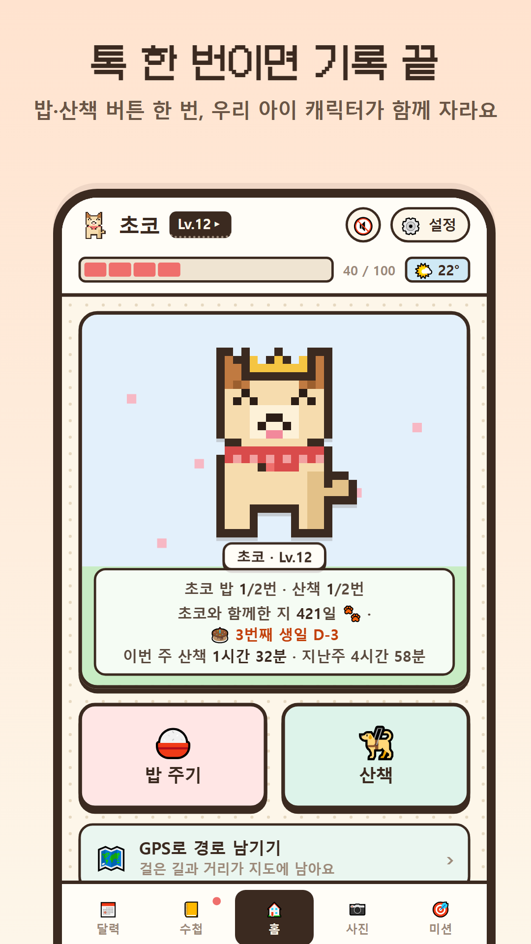 오늘도밥줌 홈 화면 — 픽셀 강아지 캐릭터와 밥 주기·산책 버튼