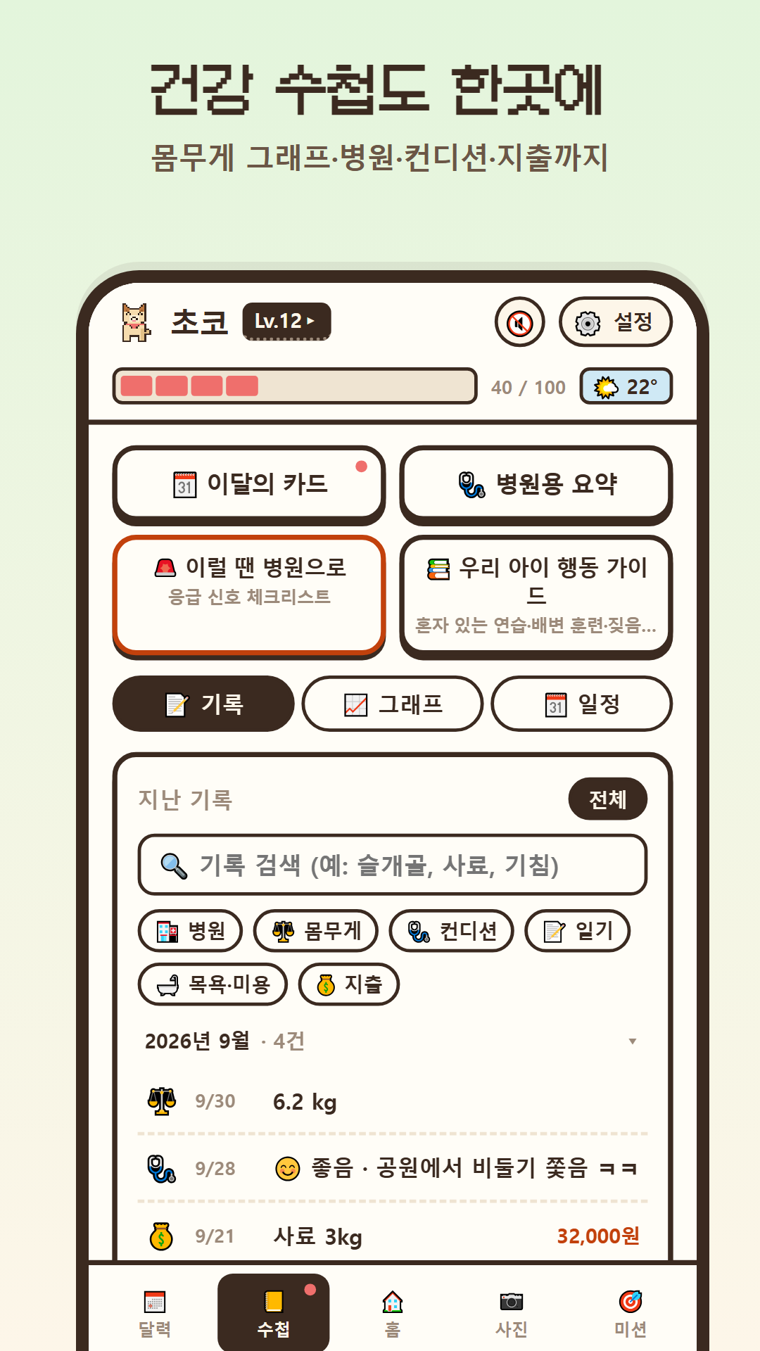 건강 수첩 화면 — 몸무게·병원·컨디션·지출 기록